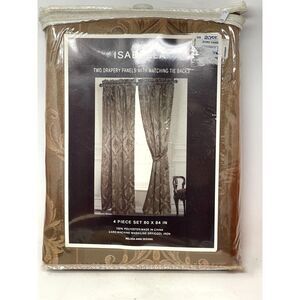 New Isabella Acorn Tapestry Jacquard Curtain Panel & Tie Backs Brown 80”W x 84”L
